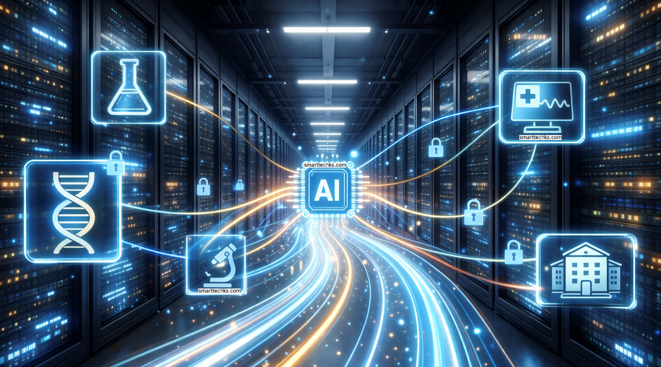 Healthcare data interoperability visualization showing connected systems and data flows